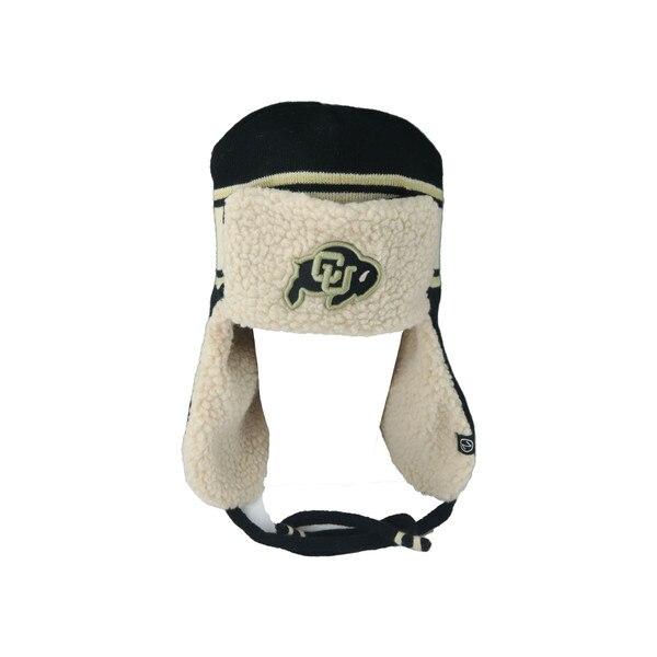 A black beanie with a cream sherpa lining that flips up in the front. A CU Buffalo logo is embroidered on the front, and the outside has a gold stripe. There are also earflaps with black ropes.